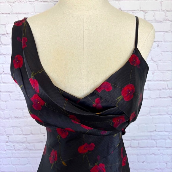 NICHOLAS Finley Silk Asymmetrical Draped Black Poppy Floral Midi Dress--4 - Picture 4 of 16